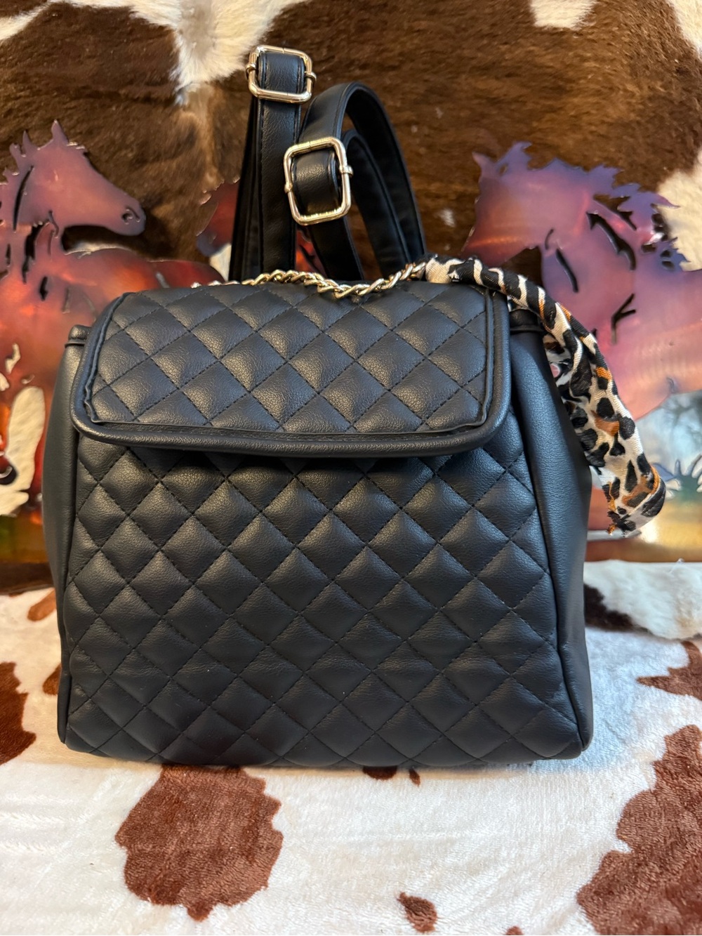 Source Unknown Black Quilted Faux Leather Backpack with Leopard Scarf Accent